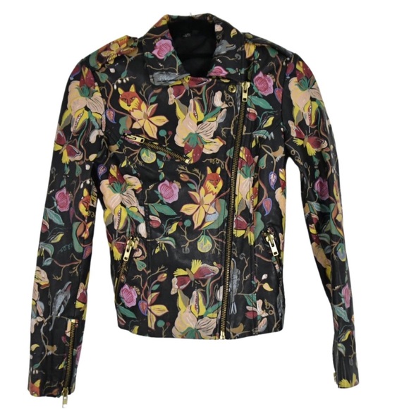 Hand-Painted Leather Jacket Topshop, Black with Gold Zippers, Size S 2 4 - Picture 1 of 5